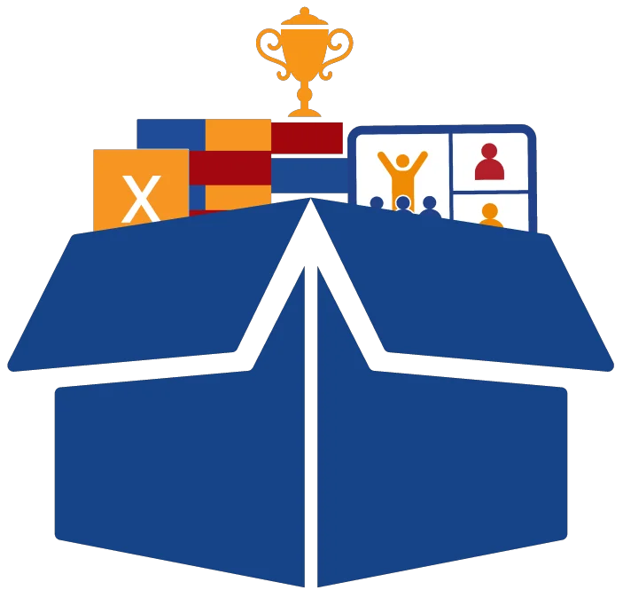 A box with a trophy, the Excel logo, and a virtual training screen inside