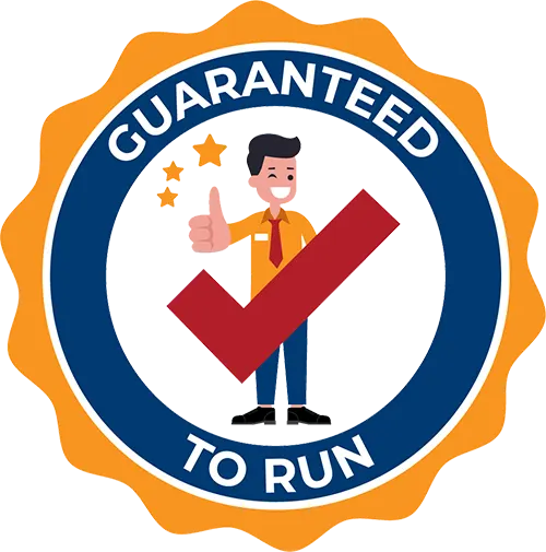 A seal with “Guaranteed to Run” written on it. In the middle is a person giving a thumbs up, standing behind a checkmark