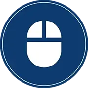 Circular image of a blue background with a white icon of a computer mouse