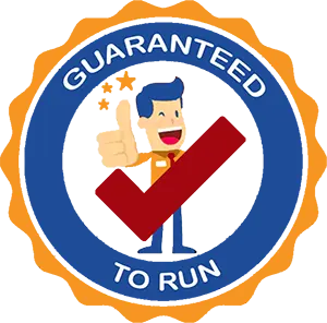 A seal with “Guaranteed to Run” written on it. In the middle is a person giving a thumbs up, standing behind a checkmark