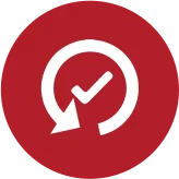 Red background round shape with a drawing of an arrow and a checkmark