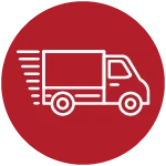 white drawing of a truck running with a circular red background