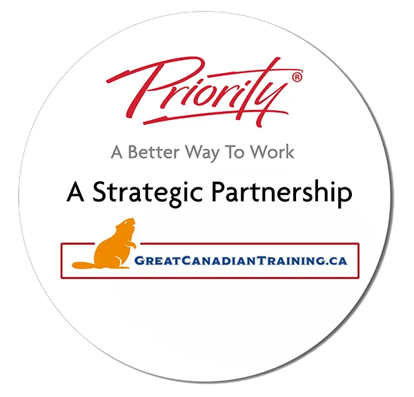The Priority Management logo and the Great Canadian Training logo are together inside a circle. The words “A Strategic Partnership” are between the two logos