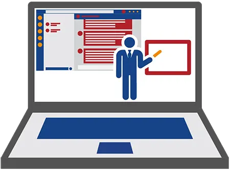 Multicolor icon of a laptop with an instructor presenting an online class on the screen