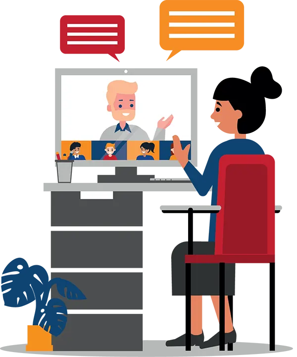 One person sits at a desk in front of a computer screen, speaking with someone who appears on the screen. The screen shows other people in the meeting as well
