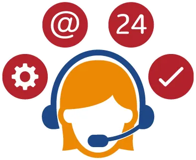 A person with a headset and for red round icons around her