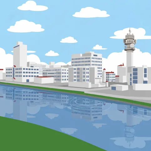 Moncton cityscape with buildings and river