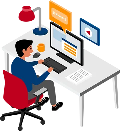 Une personne assise à un bureau avec un ordinateur et une lampe