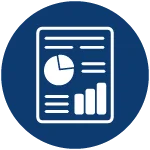 white drawing of a report sheet containing charts with a circular blue background