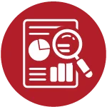 white drawing of a report sheet containing charts and a glass magnifier with a circular red background