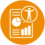 white drawing of an accessible document containing charts with a circular yellow background