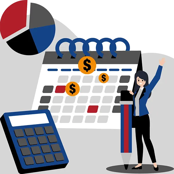 A large calendar and a person holding a big pen