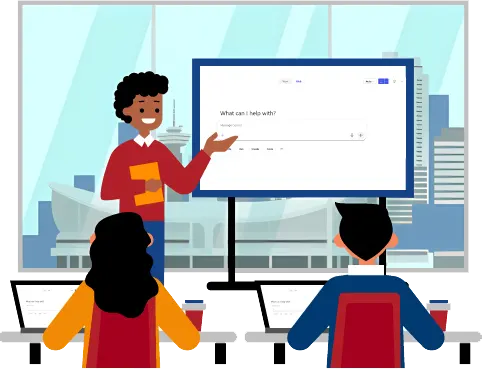 Trainer delivering copilot interface to students in a classroom with Calgary skyline in the background