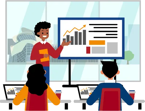 Trainer delivering excel data analytics chart to students in a classroom with some Saskatoon buildings view