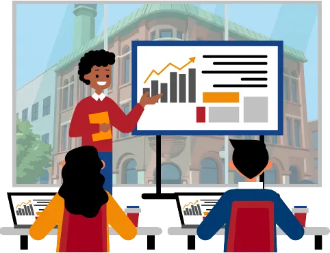 Trainer delivering excel data analytics chart to students in a classroom with Moncton Royal Banks in the background