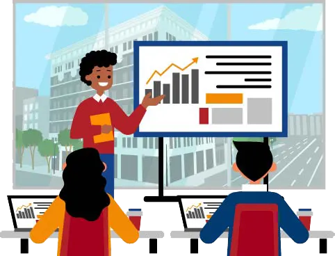 Trainer delivering excel data analytics chart to students in a classroom with some Saskatoon buildings view