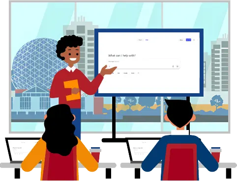 Trainer delivering copilot interface to students in a classroom with Vancouver skyline in the background