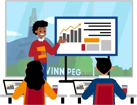 Instructor presenting excel data analytics chart to trainees in a modern training center with Winnipeg city view in the background
