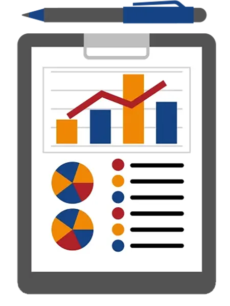 Clipboard with a pen and a report graphics