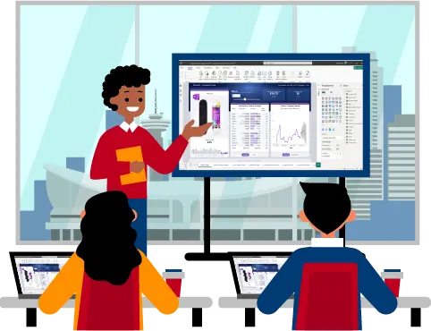 Trainer delivering power bi data analytics chart to students in a classroom with Parliament Hill skyline view in Ottawa